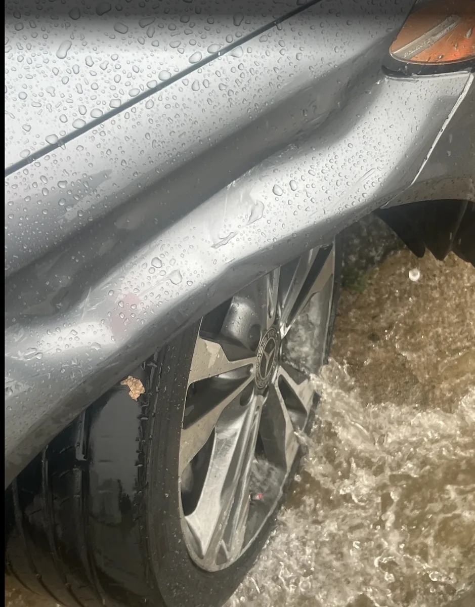 Before - auto body repair on Side Panel Dent - Mercedes-Benz at Focus On Cars body shop, San Bernardino CA
